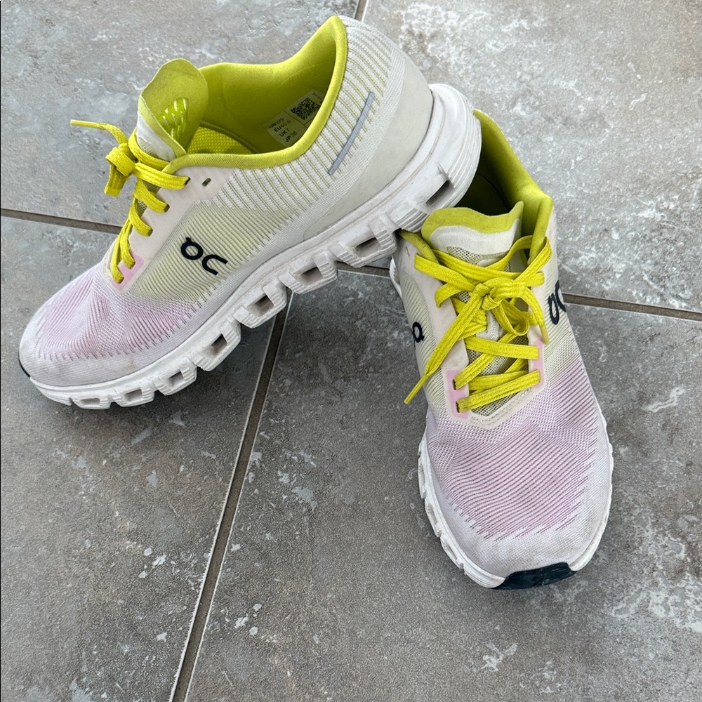 On Running White and Lime Sneakers